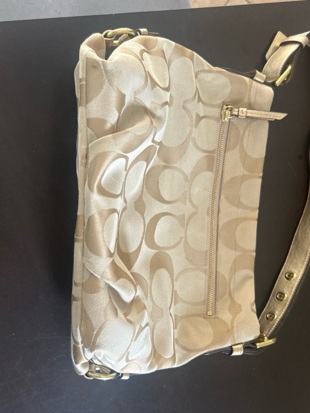 Coach Beige Signature Jacquard Shoulder Bag with Gold Hardware